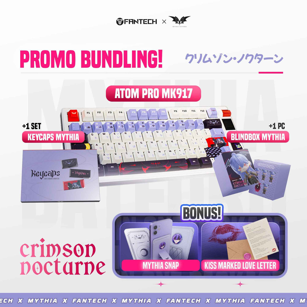 Fantech Bundling Keyboard Wireless MK917 Black + Keycaps Mythia Batford + Blind Box Figure + Snap Holder Love Letter