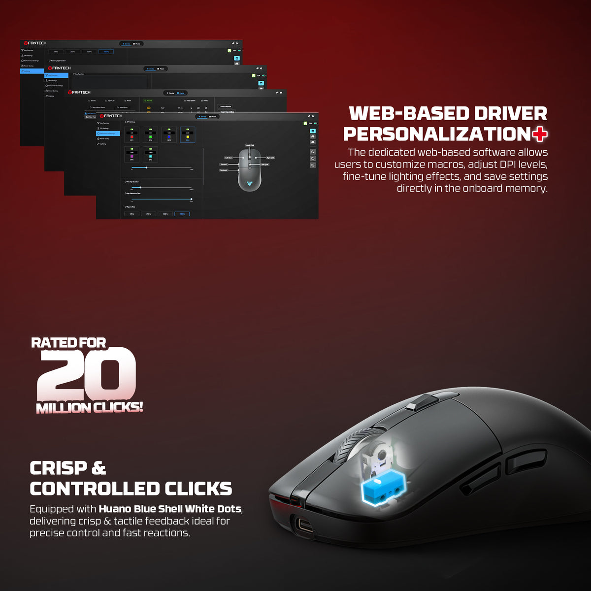 Fantech KANATA Wireless WG9RD Mouse Gaming Macro Huano Switch 12000 DPI