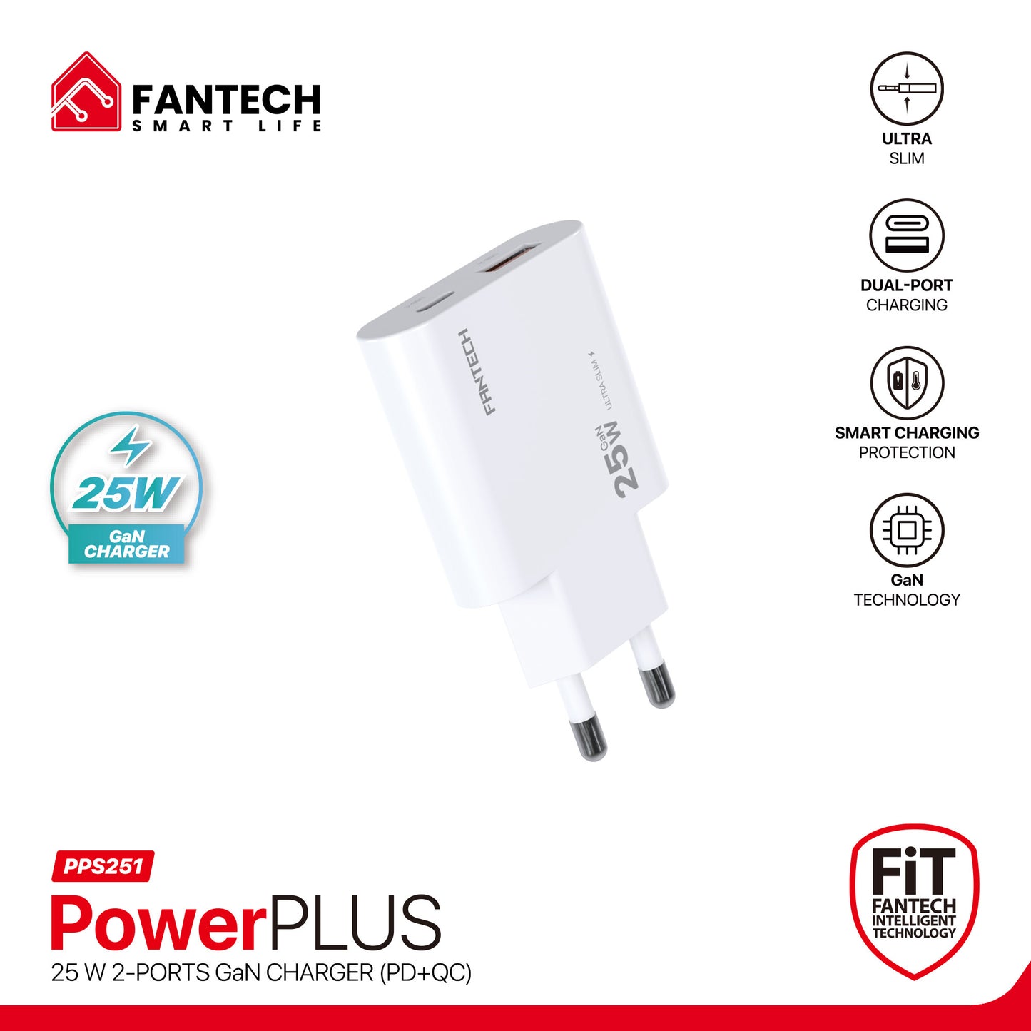 Fantech PowerPLUS PPS251 25W 2-Ports GaN Charger (PD+QC)