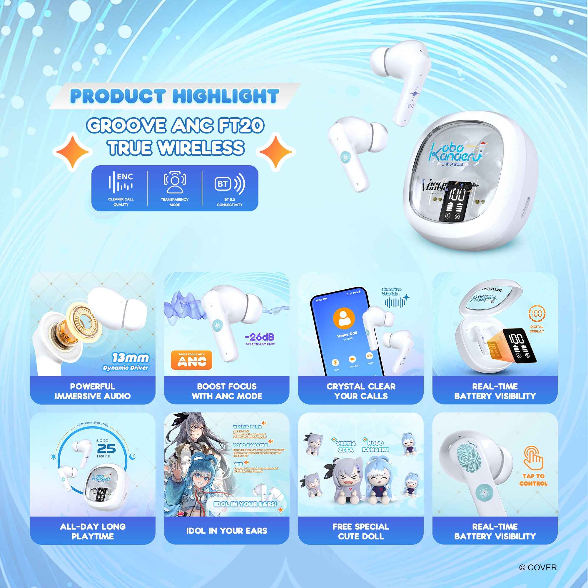 FANTECH x HOLOLIVE EXCLUSIVE COLLABORATION TWS GROOVE ANC FT20 Kobo Kanaeru & Vestia Zeta Limited Edition (BONUS PLUSHIE)