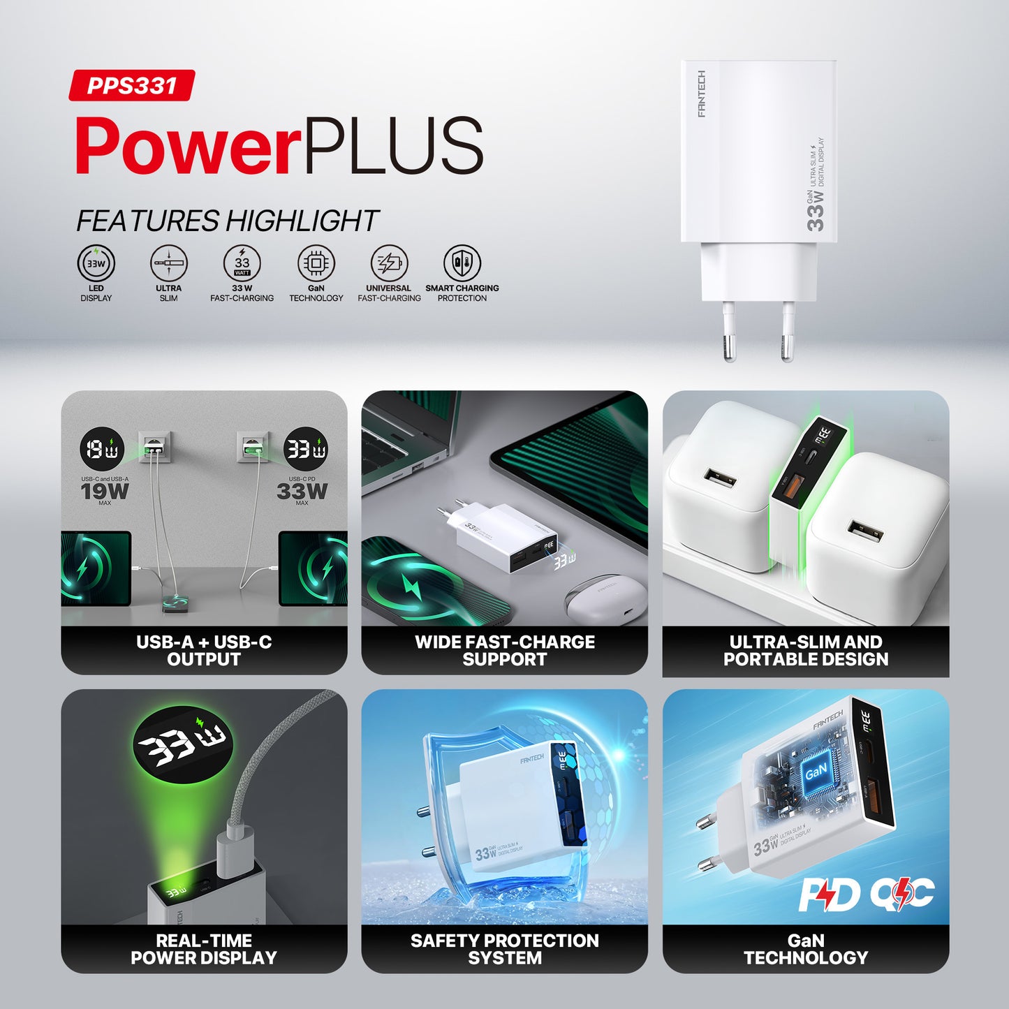 Fantech PowerPLUS PPS331 33W 2-Ports GaN Charger (PD+QC)