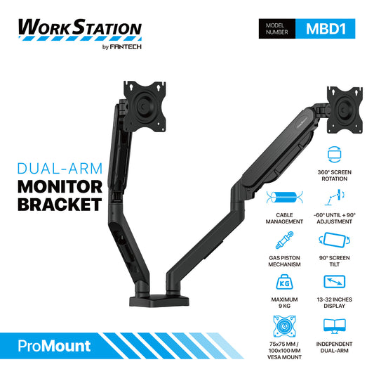 WORK STATION PRO MOUNT DUAL ARM MBD1 MONITOR BRACKET BLACK