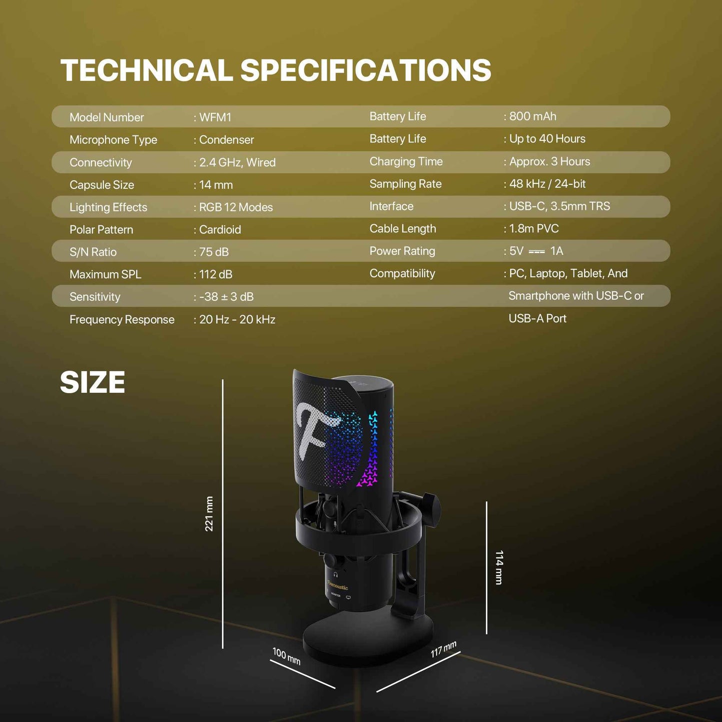 FANTECH WFM1 Condenser Microphone Wireless 2.4GHz Stand Cardioid with Pop Filter & RGB Podcaster Vokalis Gamer Streamer