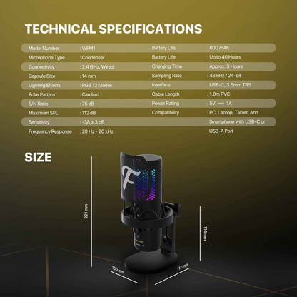 FANTECH WFM1 Condenser Microphone Wireless 2.4GHz Stand Cardioid with Pop Filter & RGB Podcaster Vokalis Gamer Streamer