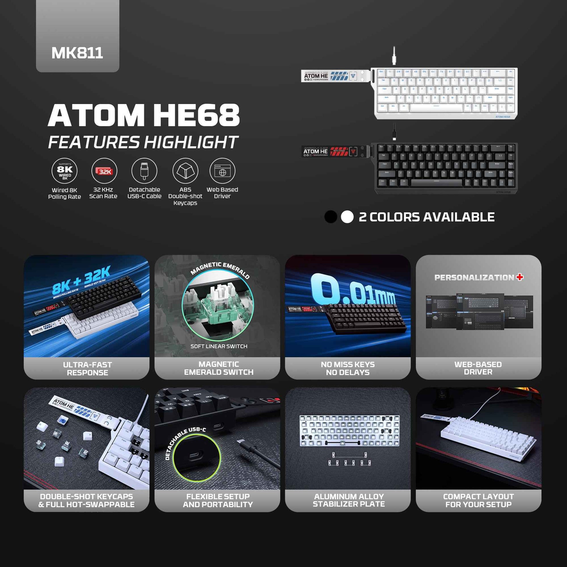 FANTECH MK811 ATOM HE68 MAGNETIC SWITCH KEYBOARD SUPPORTS WIRED 8K POLLING RATE