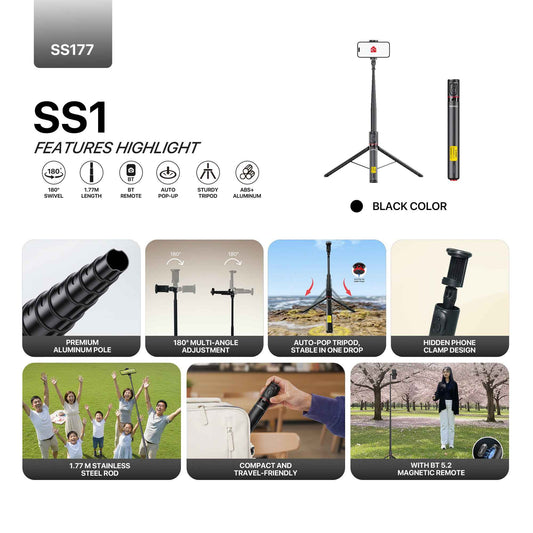 Fantech SS177 Selfie Stick Live Tripod Bluetooth Selfie 1.77m Aluminum Alloy Fill Light Rotatable 180° For Phones