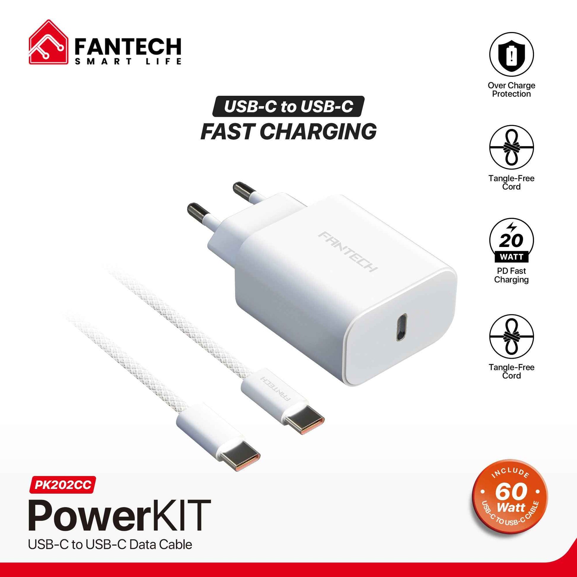Charger Fantech PK202 Set Bundling Adaptor 20W Fast Charging Power Delivery With Braided Cable