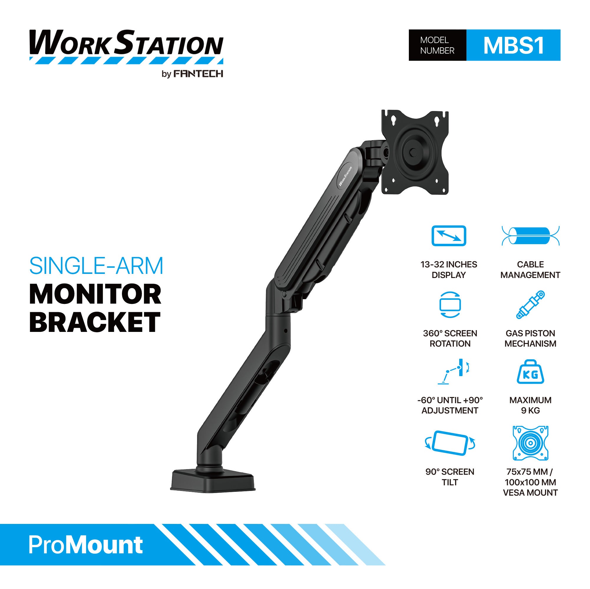 WORK STATION PRO MOUNT SINGLE ARM MBS1 MONITOR BRACKET BLACK - Fantech ...