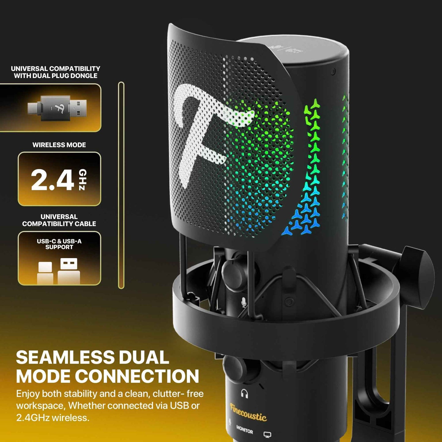 FANTECH WFM1 Condenser Microphone Wireless 2.4GHz Stand Cardioid with Pop Filter & RGB Podcaster Vokalis Gamer Streamer