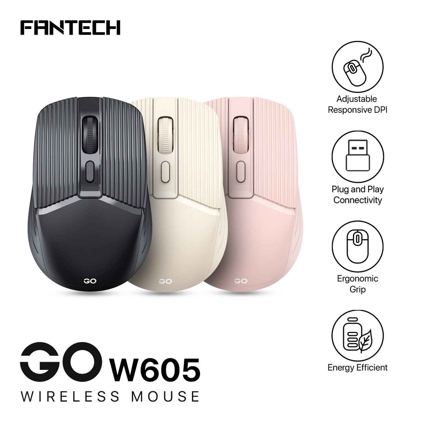 FANTECH GO W605 Wireless Mouse Ringan Portable Plug & Play Nano Receiver DPI 1600 Optical Tracking Hemat Energi