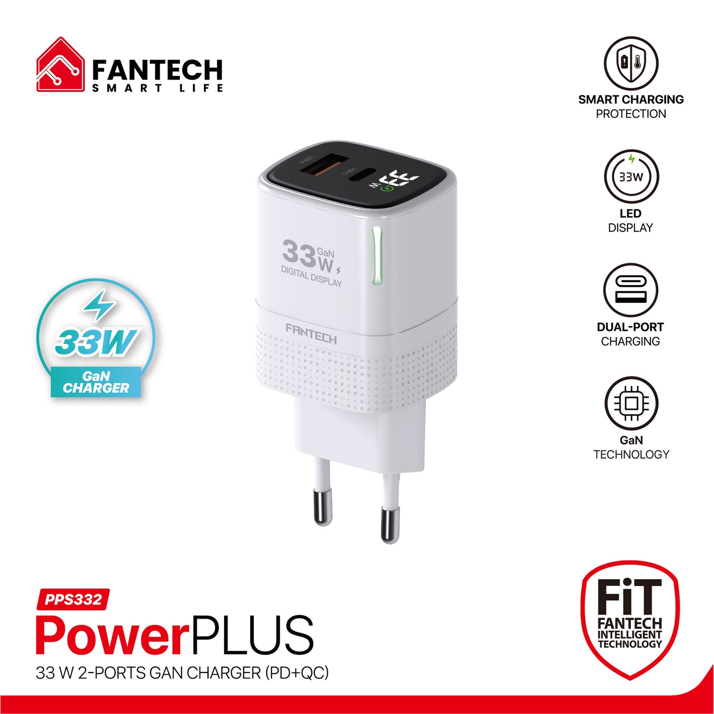 Fantech PowerPLUS PPS332 33W 2-Ports GaN Charger (PD+QC)