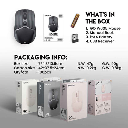 FANTECH GO W605 Wireless Mouse Ringan Portable Plug & Play Nano Receiver DPI 1600 Optical Tracking Hemat Energi