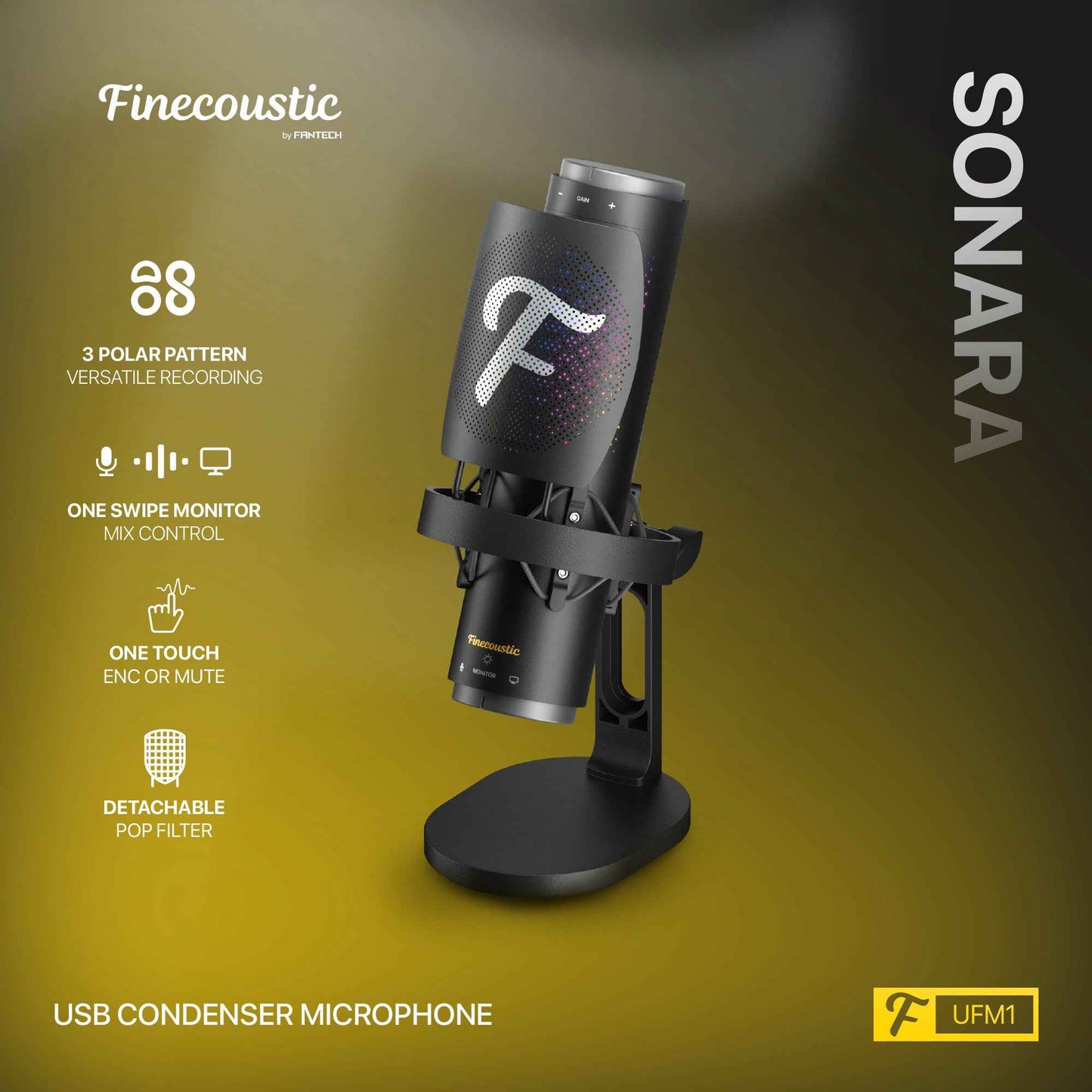 Fantech UFM1 USB Condenser Microphone Stand Cardioid, Bidirectional dan Omnidirectional dengan Inovasi Peredam Kebisingan