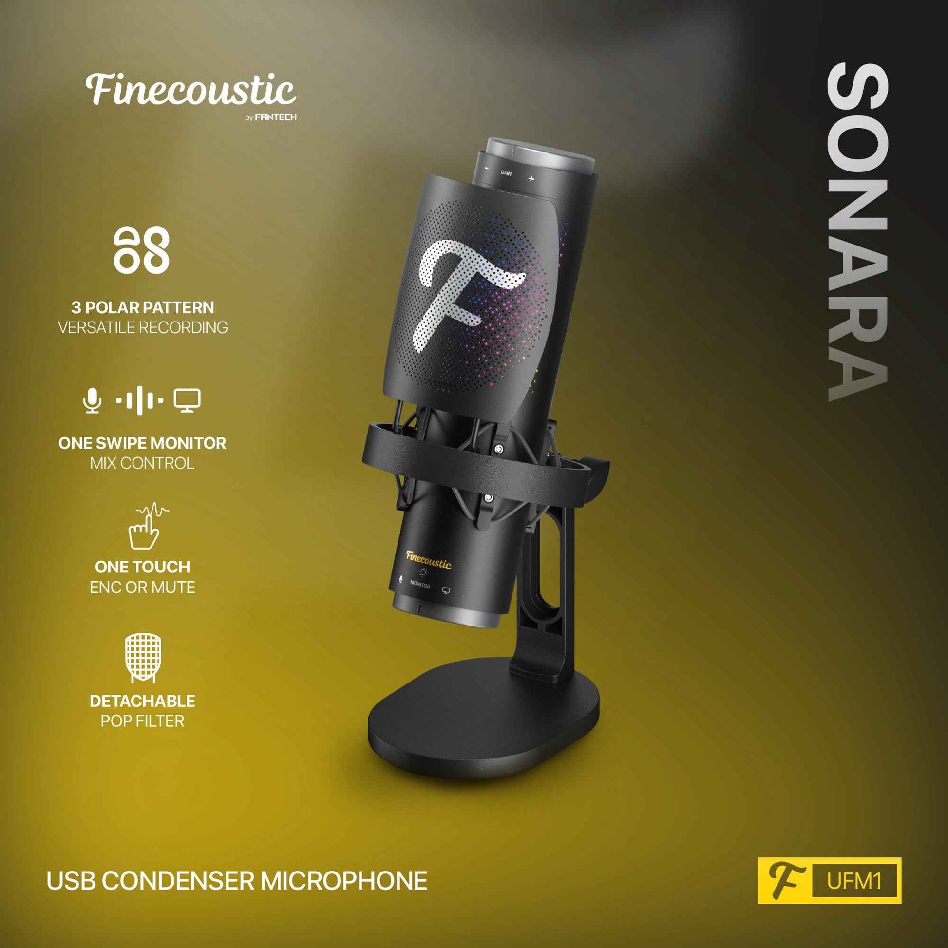 Fantech UFM1 USB Condenser Microphone Stand Cardioid, Bidirectional dan Omnidirectional dengan Inovasi Peredam Kebisingan