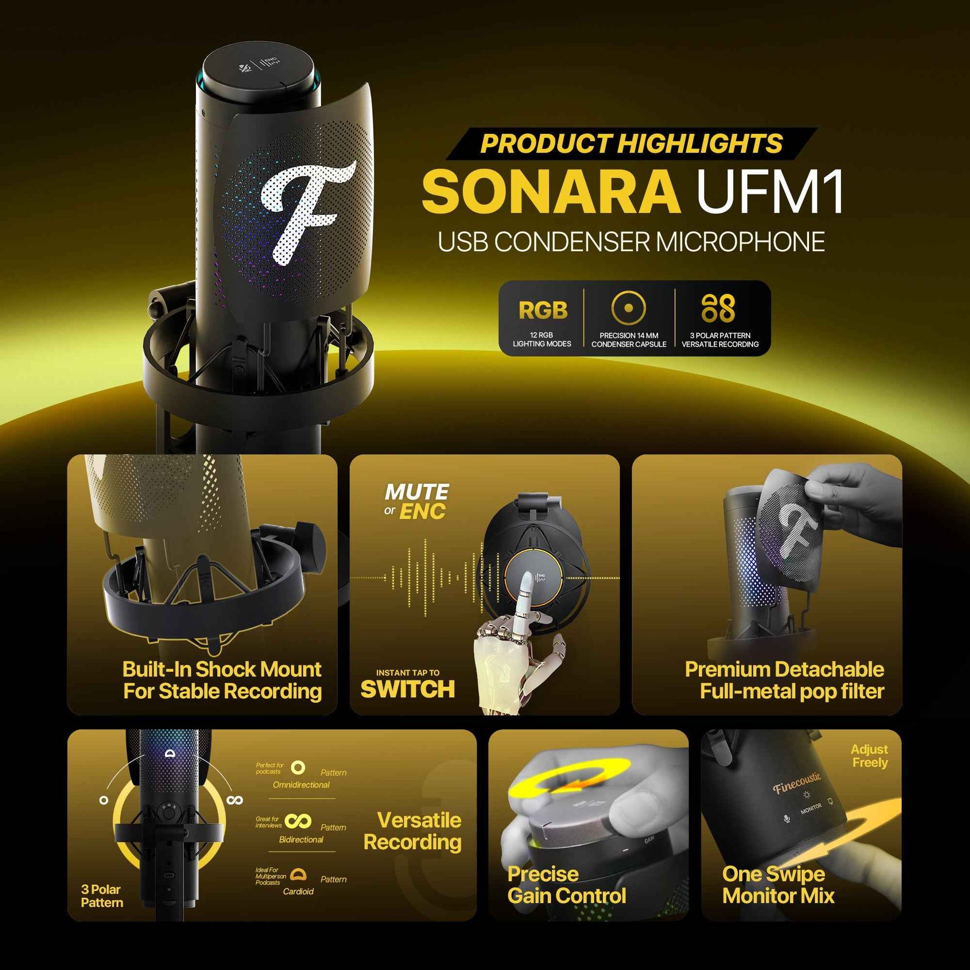 Fantech UFM1 USB Condenser Microphone Stand Cardioid, Bidirectional dan Omnidirectional dengan Inovasi Peredam Kebisingan