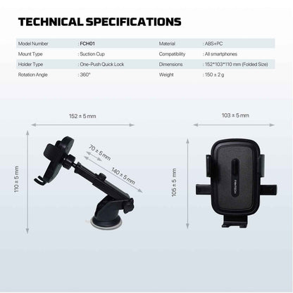 Fantech Car Phone Holder FCH01 Dudukan Hp Di Dashboard dan Kaca Mobil dengan Rotasi 360° Compatibility for All Smartphones Compatibility 60-88mm Smartphone
