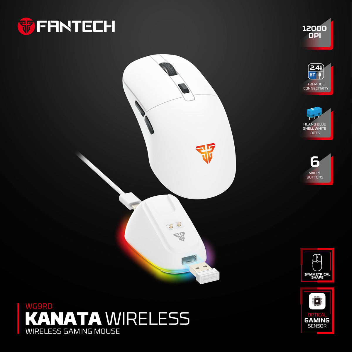 Fantech KANATA Wireless WG9RD Mouse Gaming Macro Huano Switch 12000 DPI