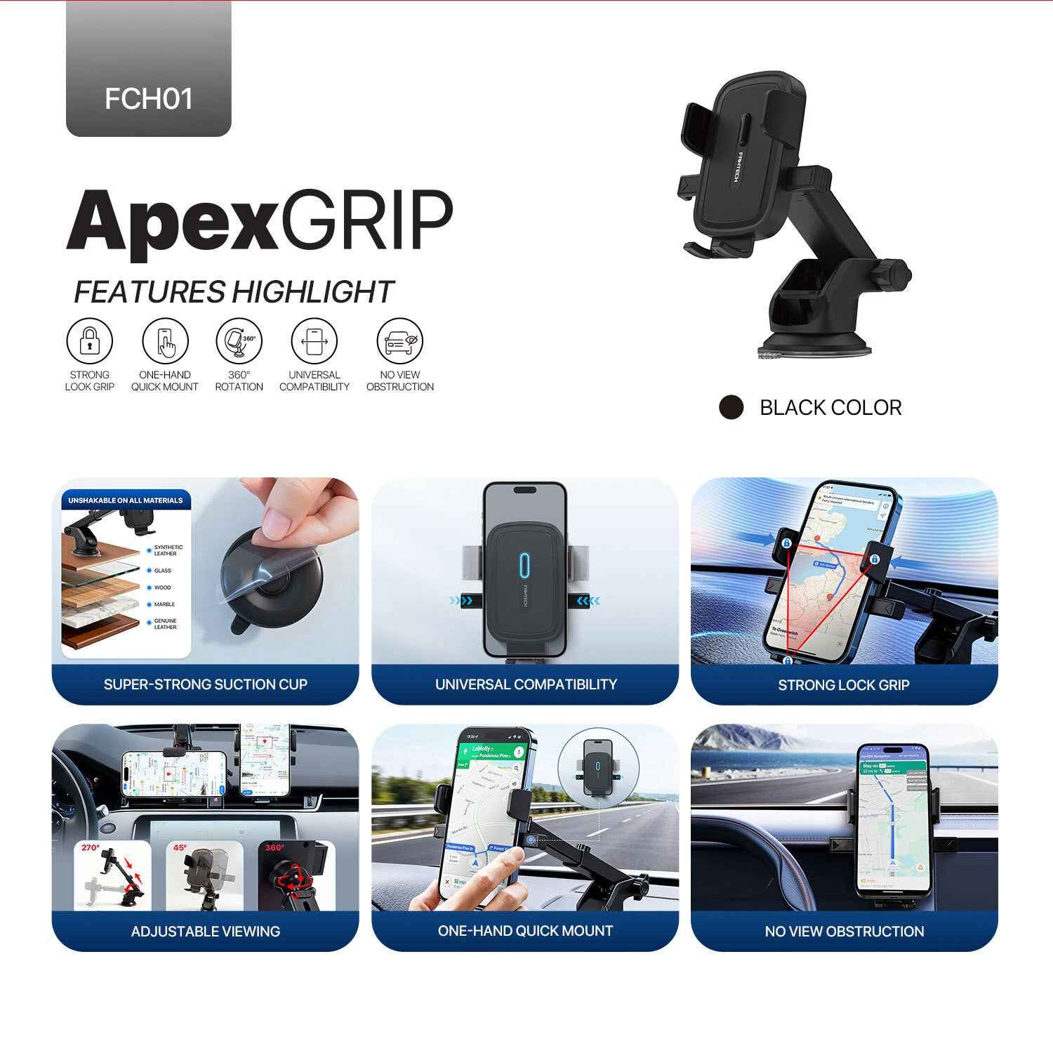 Fantech Car Phone Holder FCH01 Dudukan Hp Di Dashboard dan Kaca Mobil dengan Rotasi 360° Compatibility for All Smartphones Compatibility 60-88mm Smartphone