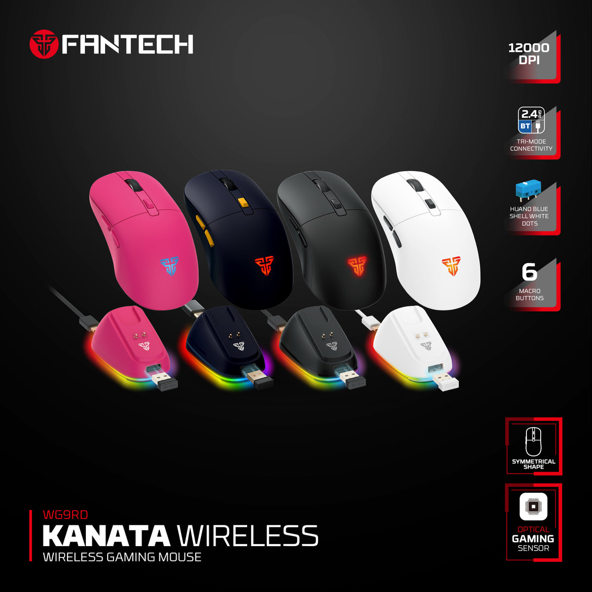 Fantech KANATA Wireless WG9RD Mouse Gaming Macro Huano Switch 12000 DPI