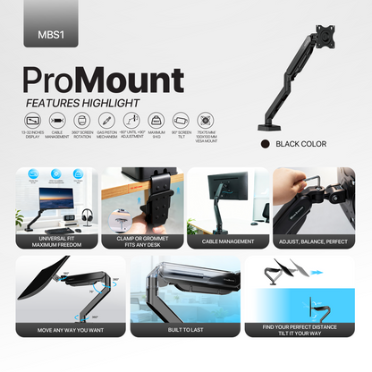WORK STATION PRO MOUNT SINGLE ARM MBS1 MONITOR BRACKET BLACK