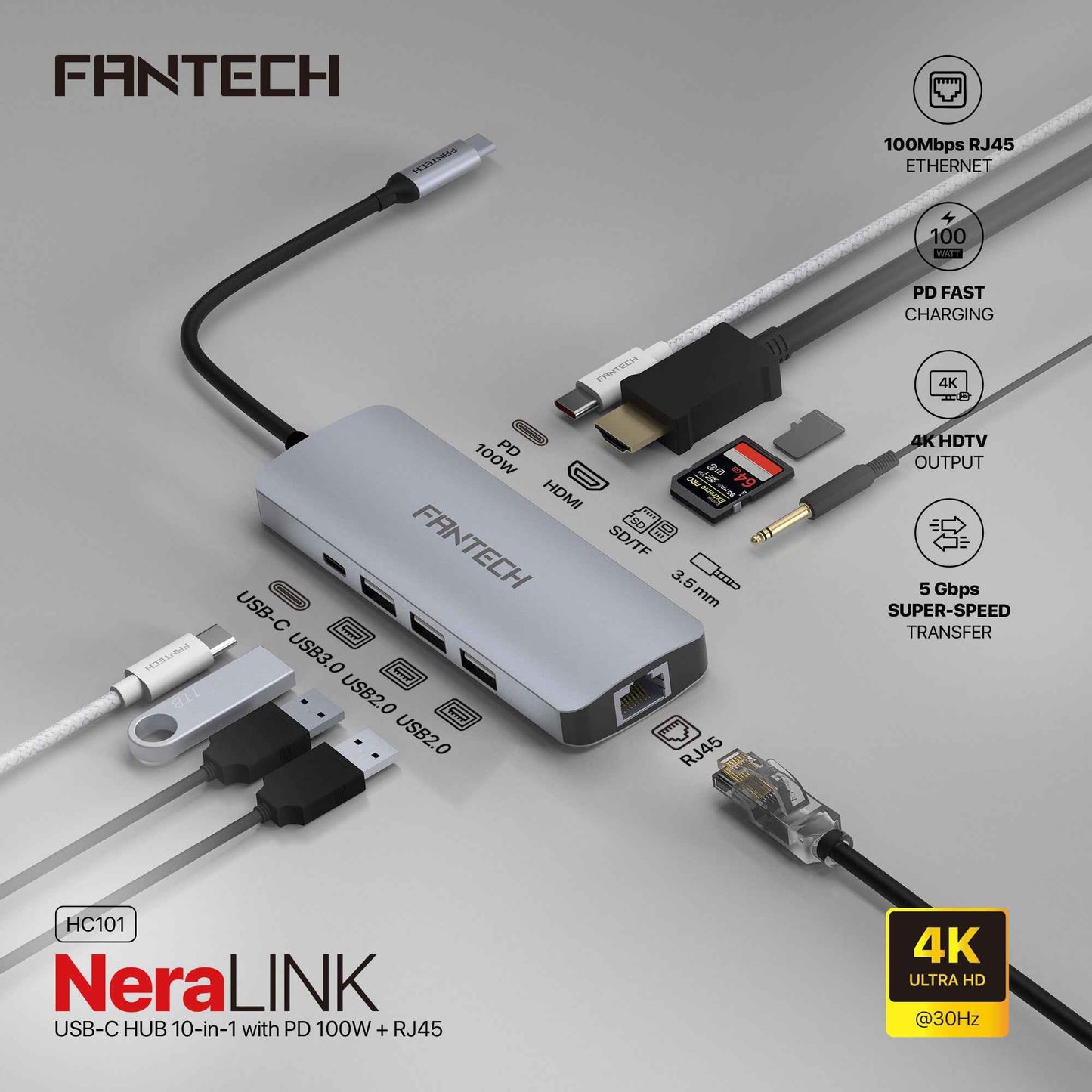 FANTECH HC101 Converter USB Hub Type C 10 in 1