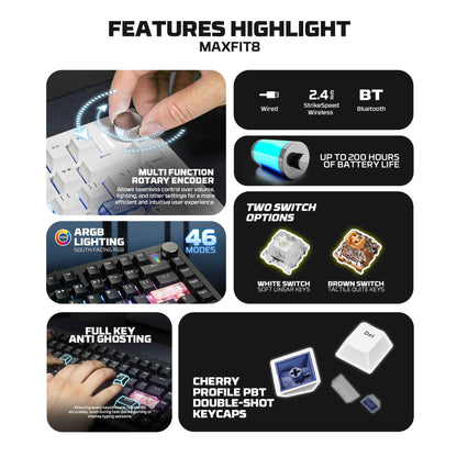 Fantech MK921 MAXFIT8 QMK VIA Compatibility Keyboard Wireless Gaming Mechanical 60%