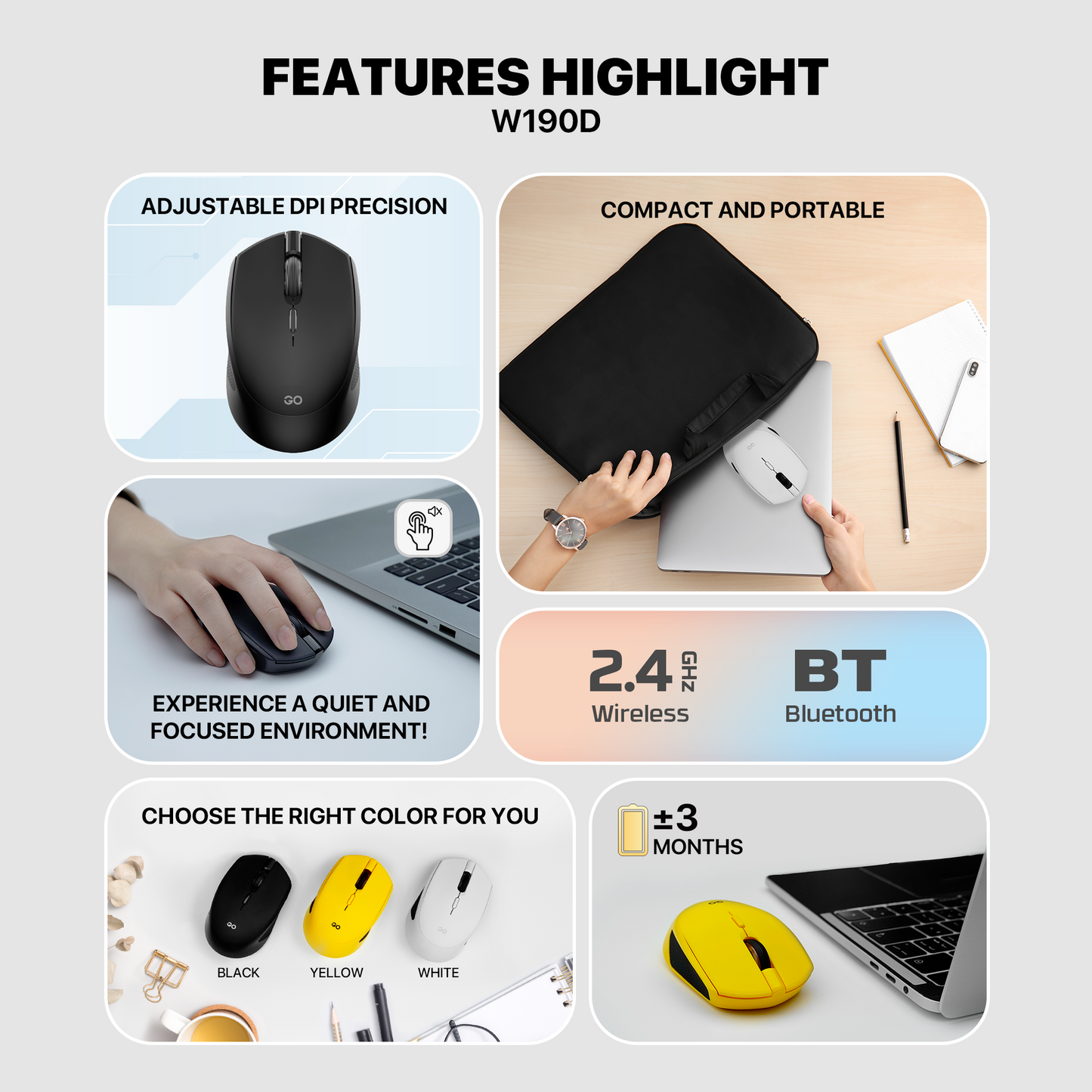 Fantech Wireless 2.4ghz + Bluetooth 5 Mouse Office Silent Click Kantor W190D Dual Mode free baterai
