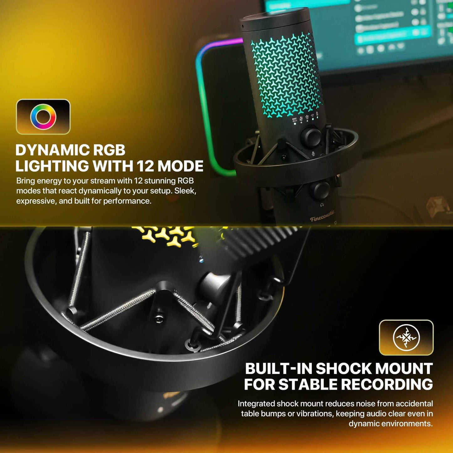 FANTECH WFM1 Condenser Microphone Wireless 2.4GHz Stand Cardioid with Pop Filter & RGB Podcaster Vokalis Gamer Streamer