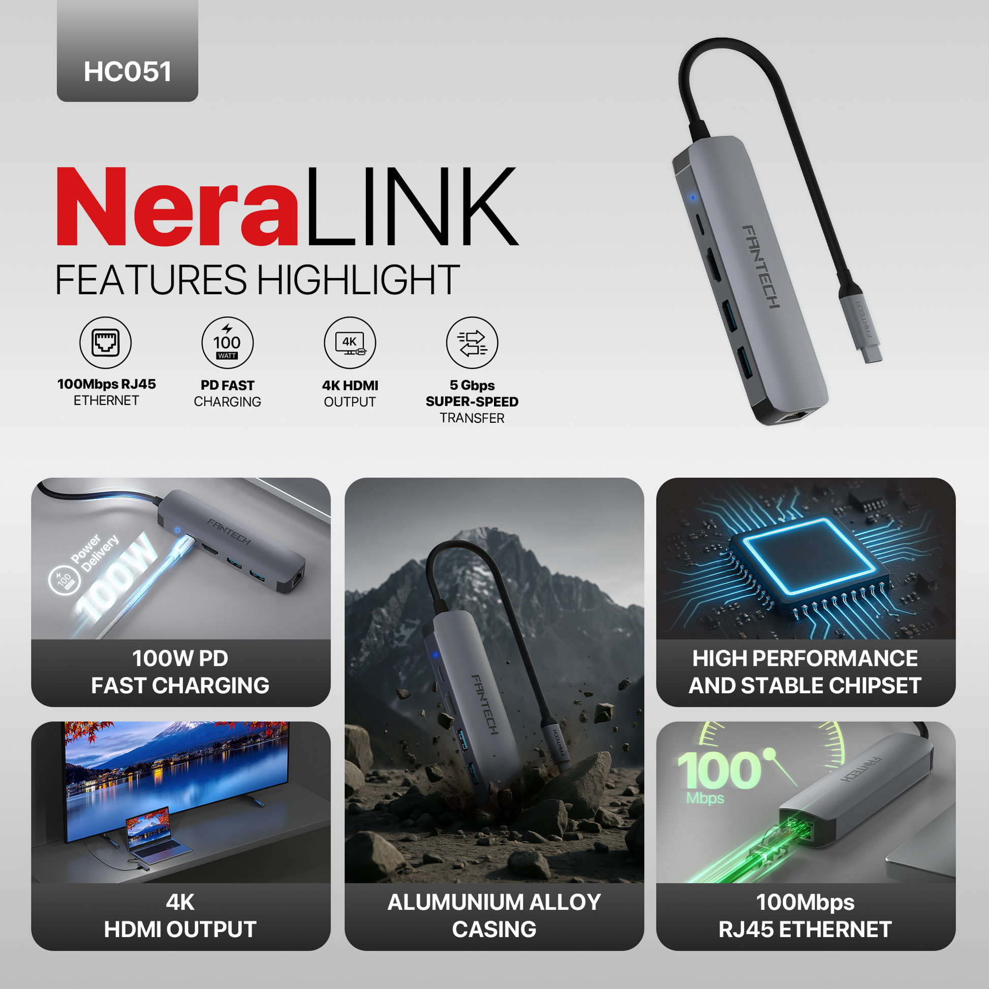 FANTECH HC051 Converter USB Hub Type C 5 in 1