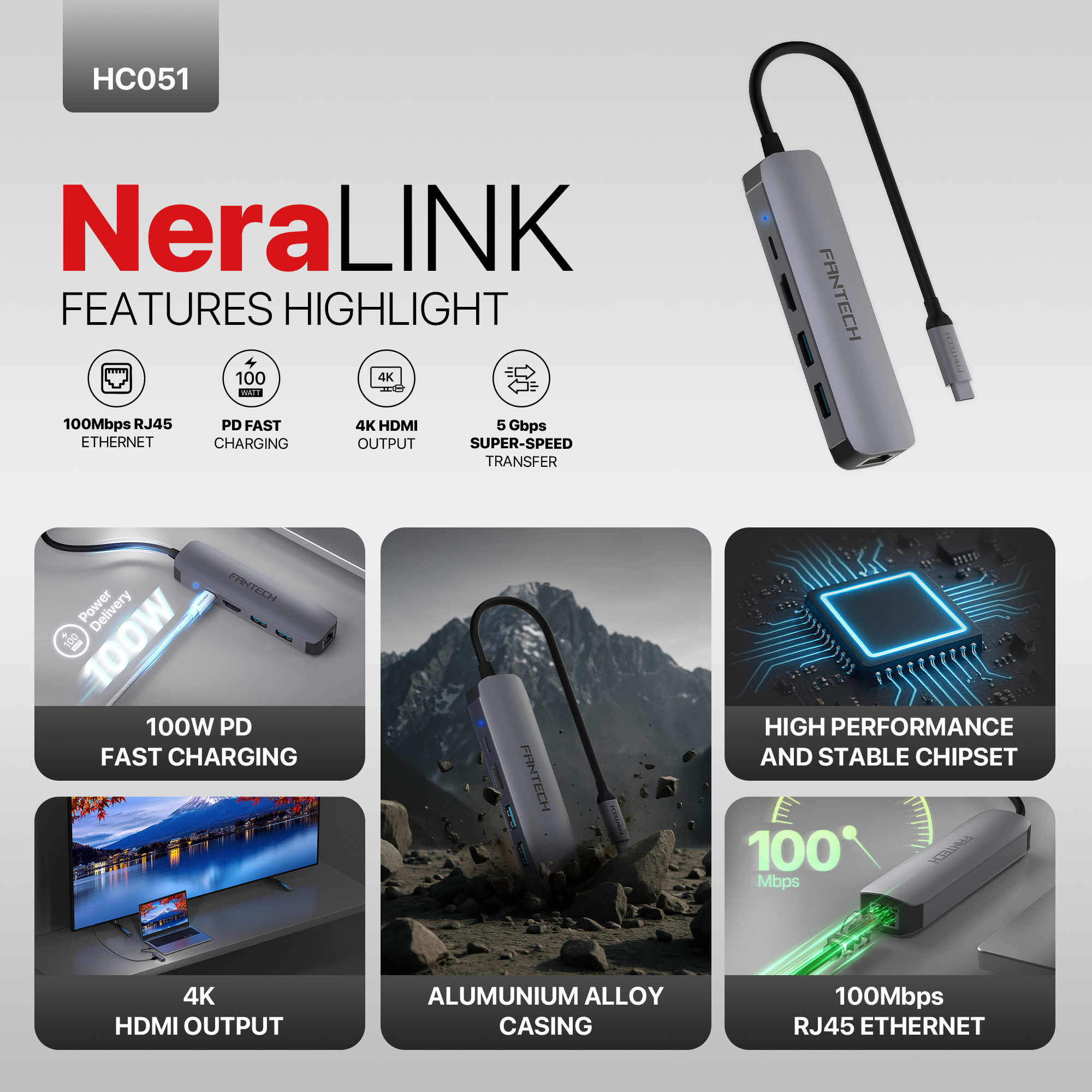 FANTECH HC051 Converter USB Hub Type C 5 in 1