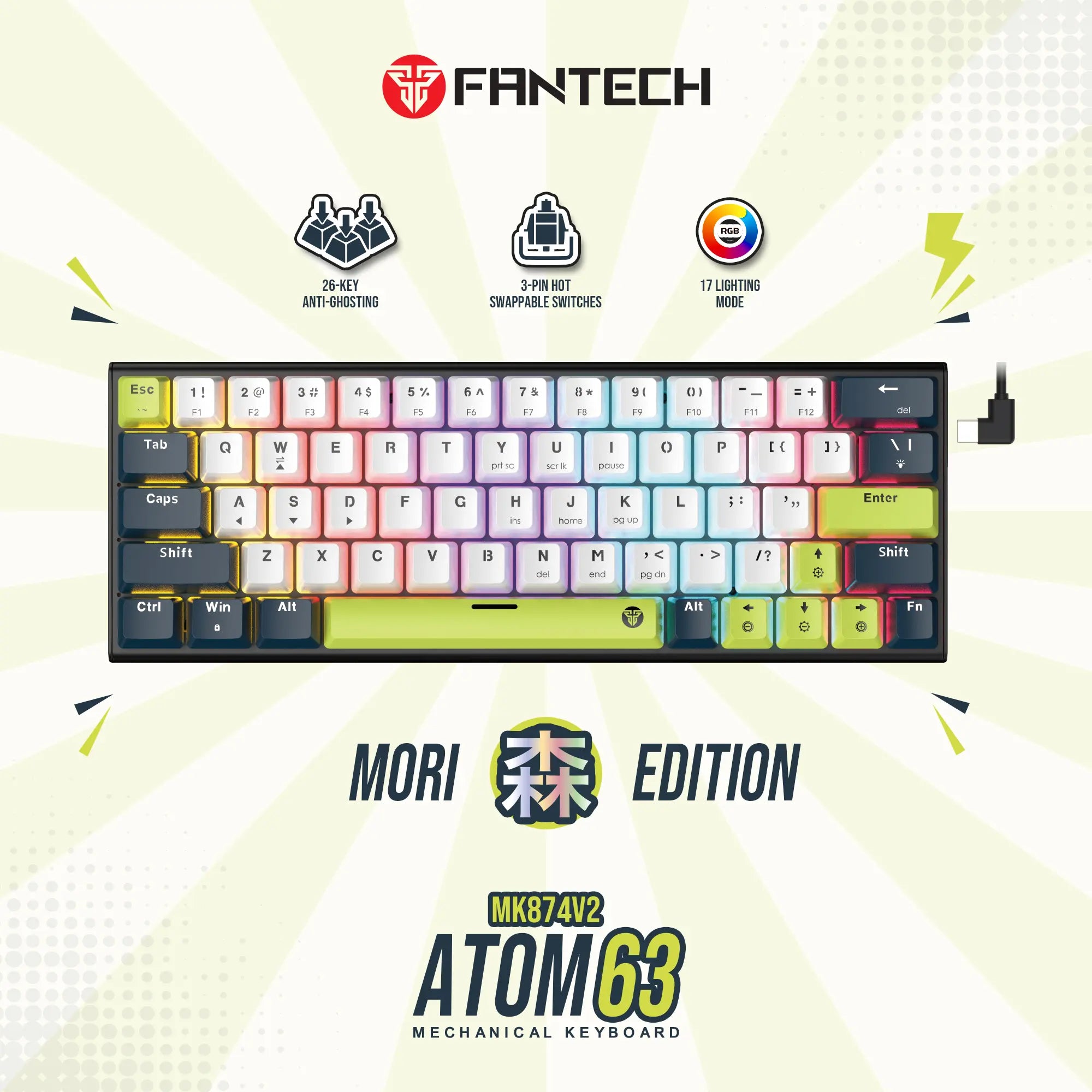 ATOM MORI SERIES Keyboard Mechanical Gaming ATOM 63 Layout 60% Hotswappable 3 Pin-White