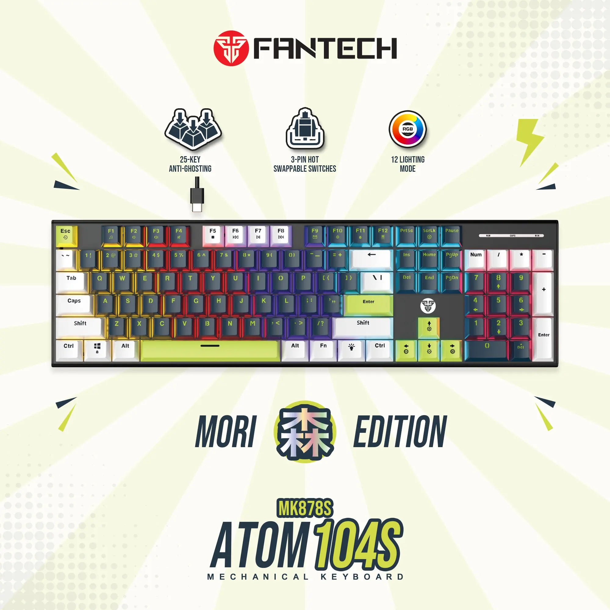 Atom Mori Series Keyboard Mechanical Gaming Atom104S Hotswappable 3 Pin-Blue