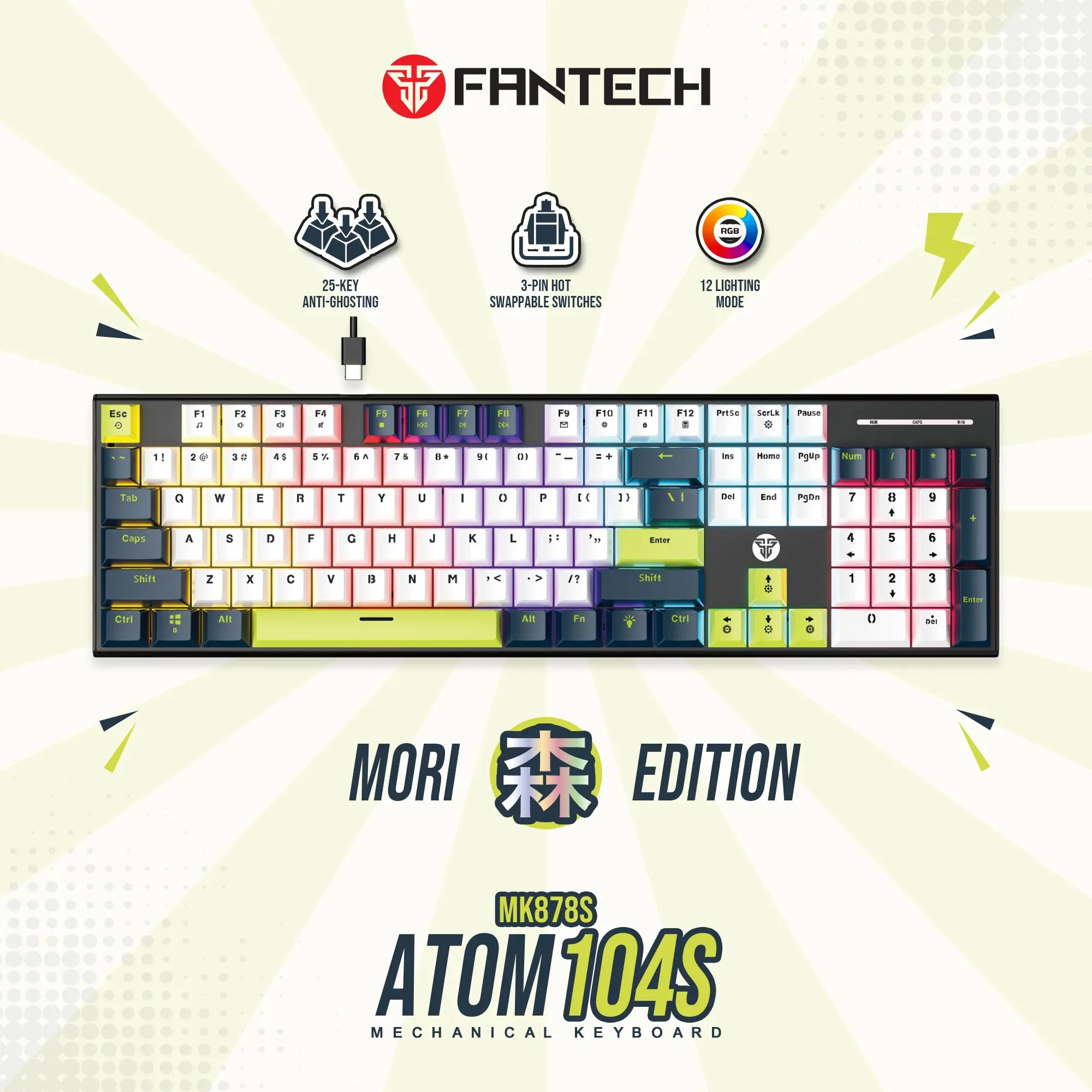 Atom Mori Series Keyboard Mechanical Gaming Atom104S Hotswappable 3 Pin-White