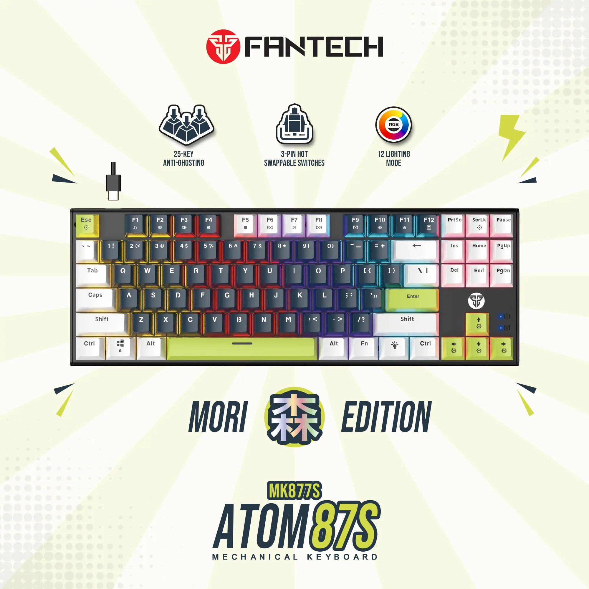 Atom Mori Series Keyboard Mechanical Gaming Atom87S Hotswappable 3 Pin-Blue