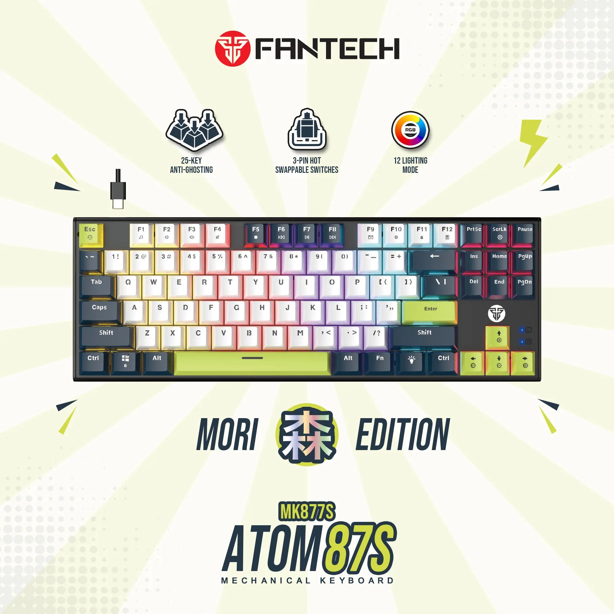 Atom Mori Series Keyboard Mechanical Gaming Atom87S Hotswappable 3 Pin-White