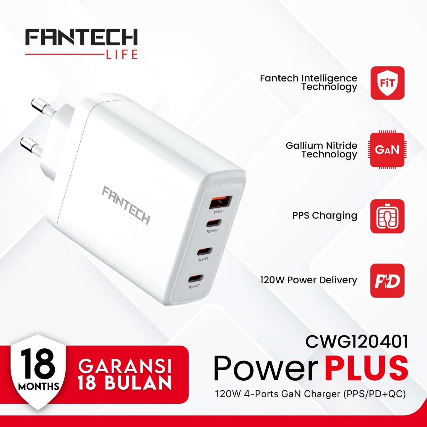 Fantech GAN Charger 120Watt Fast Charging Power Plus 3-Ports CWG120401 - Fantech Indonesia
