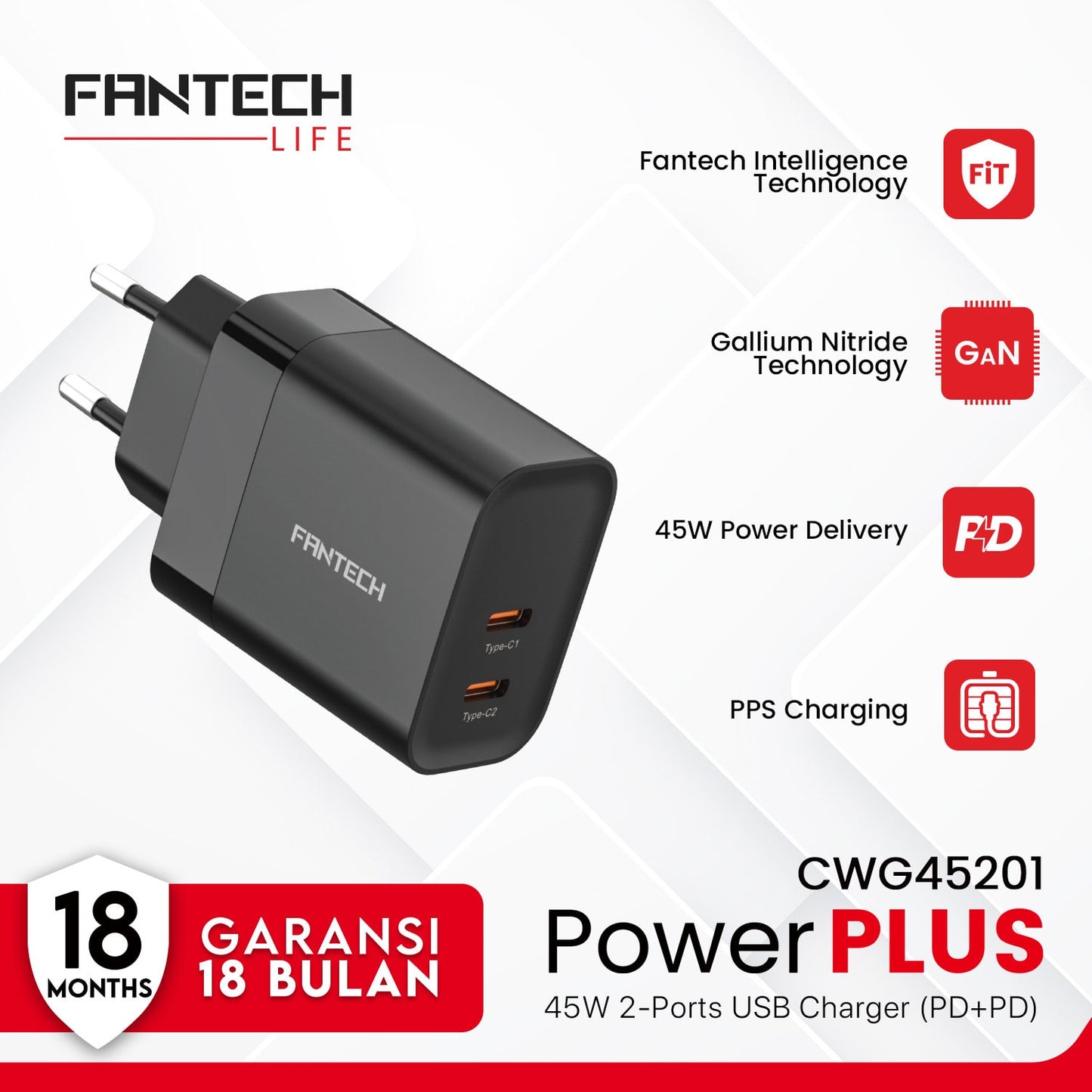 Fantech GaN Charger 45Watt PD Fast Charging 2 Port - CWG45201 - Fantech Indonesia