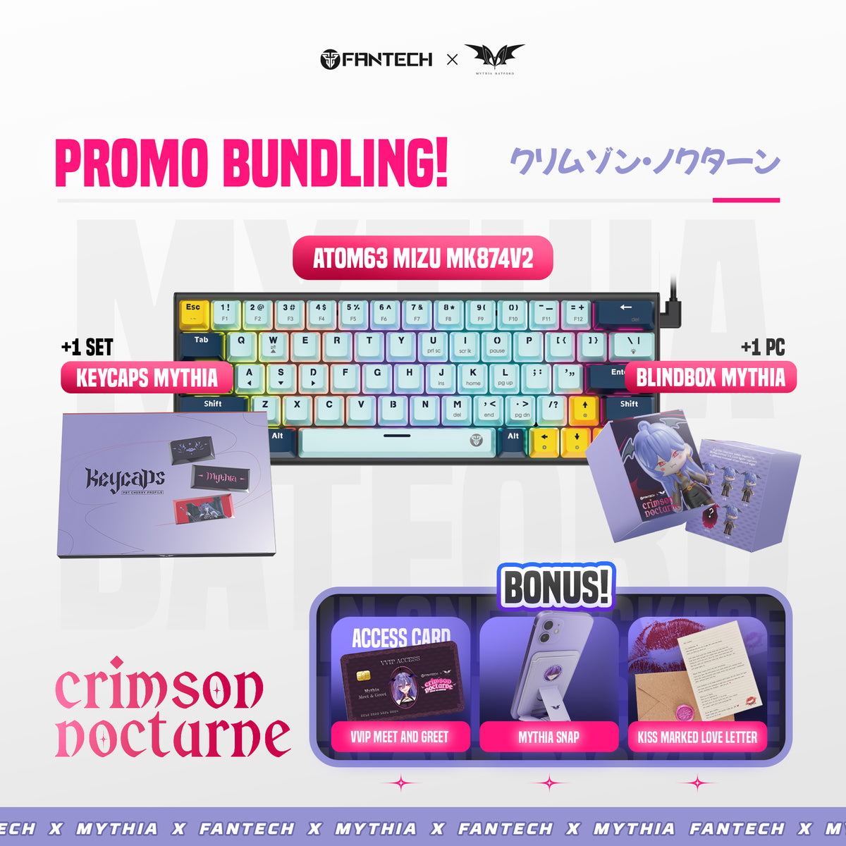 Fantech Bundling VVIP Keyboard Wireless Atom63 Mizu Navy Blue Switch Rosie + Keycaps Mythia Batford + Blind Box Figure + Snap Holder Love Letter