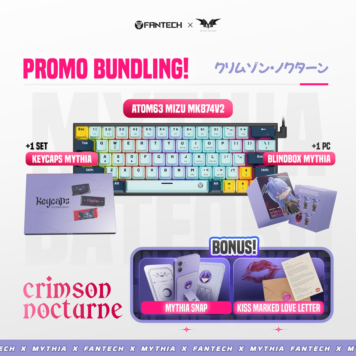 Fantech Bundling Keyboard Wireless Atom63 Mizu Navy Blue Switch Rosie + Keycaps Mythia Batford + Blind Box Figure + Snap Holder Love Letter