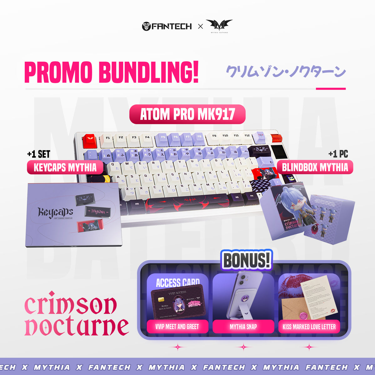 Fantech Bundling VVIP Keyboard Wireless MK917 Black + Keycaps Mythia Batford + Blind Box Figure + Snap Holder Love Letter