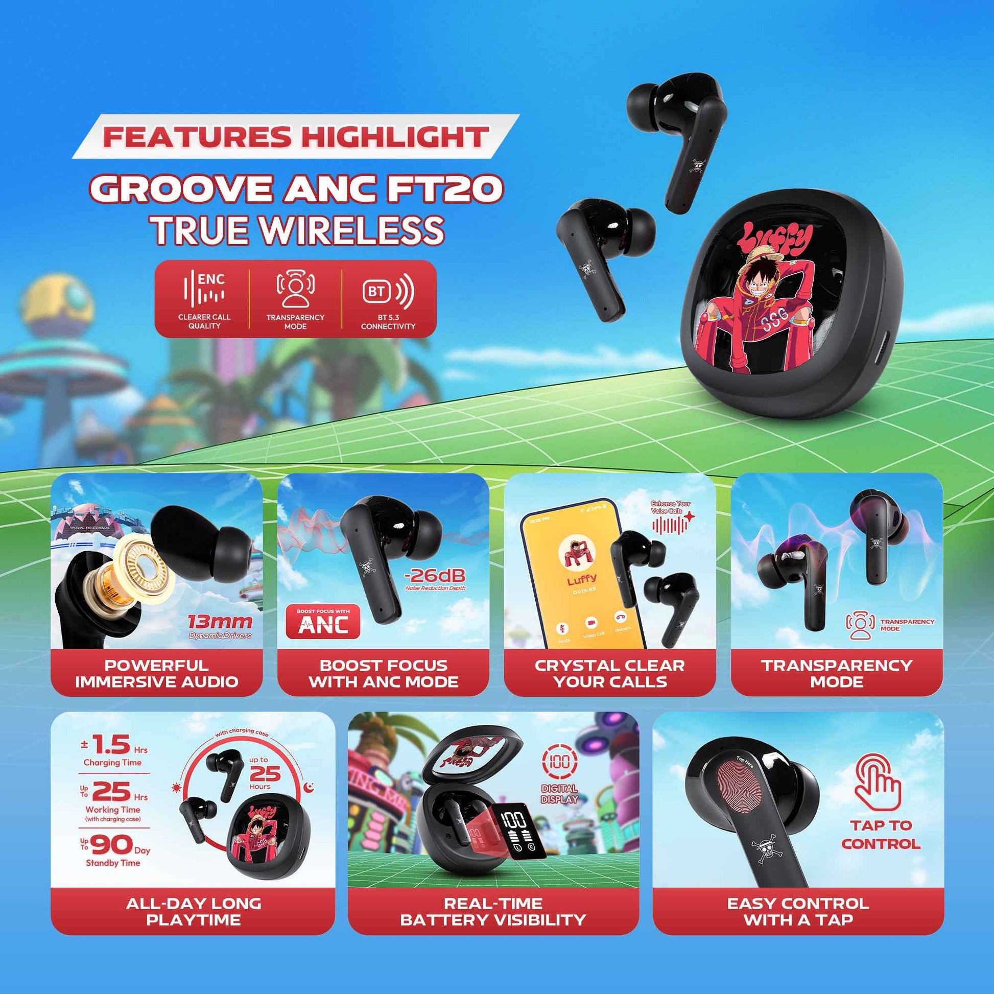 FANTECH x ONEPIECE EXCLUSIVE COLLABORATION TWS GROOVE ANC FT20 Limited Edition Luffy
