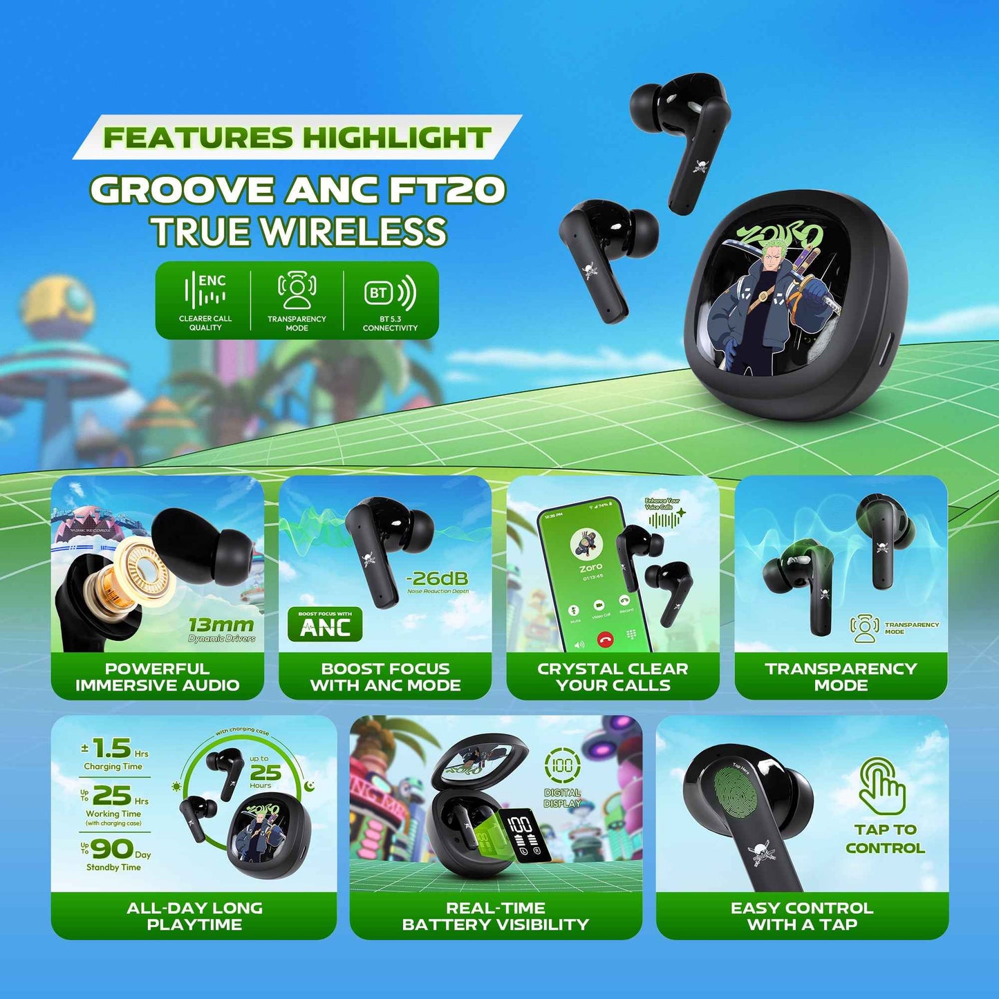 FANTECH x ONEPIECE EXCLUSIVE COLLABORATION TWS GROOVE ANC FT20 Limited Edition Zoro