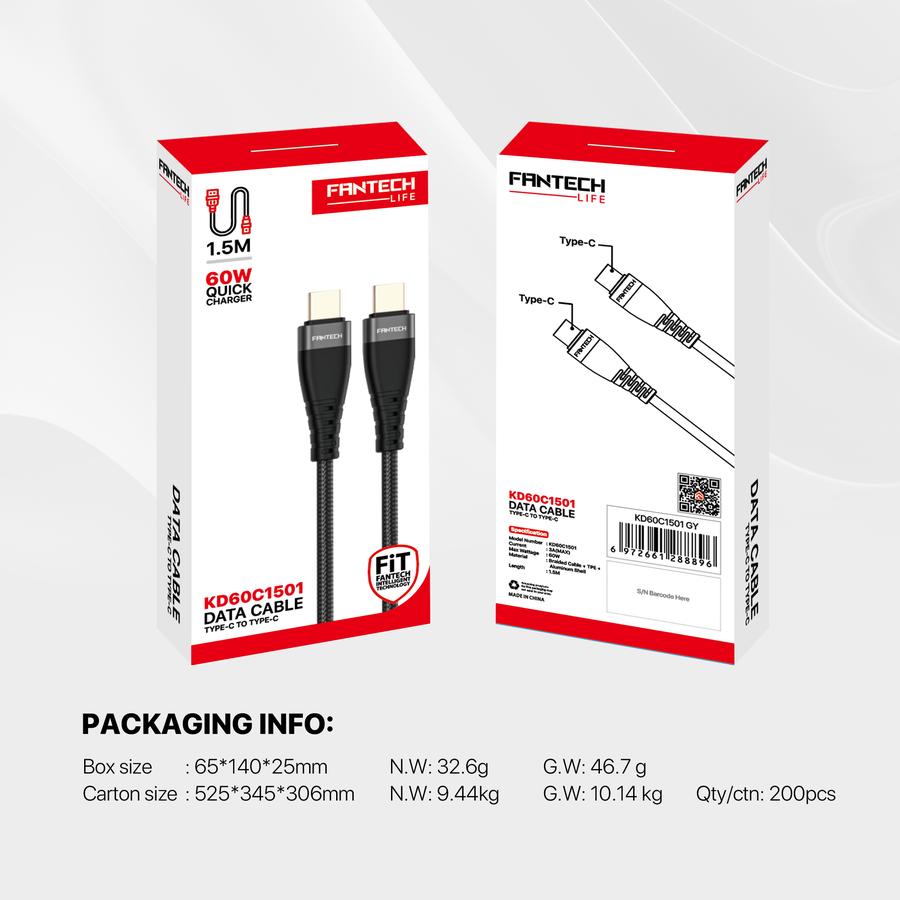 Fantech Kabel Data 60W Type C to C Kabel Fast Charging 1.5M KD60C1501  Support for Iphone Samsung Oppo Vivo Xiaomi Huawei Infinix Tecno Poco - Fantech Indonesia