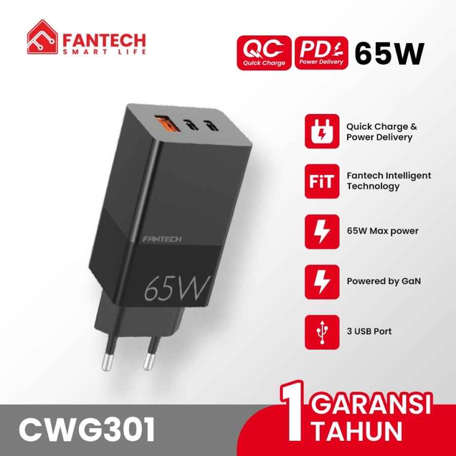 Fantech GAN Charger 65Watt Fast Charging Power Plus 3-Ports - CWG301