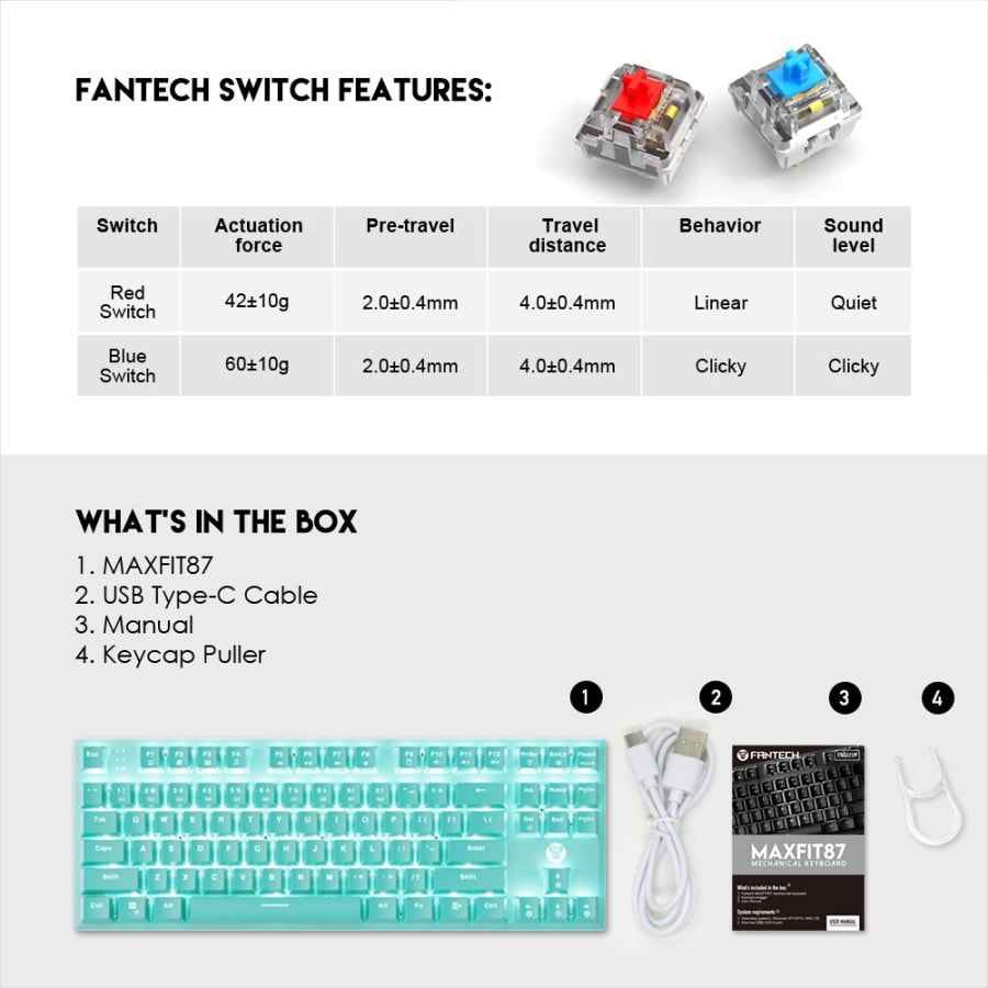 Fantech MINT EDITION MAXFIT87 MK856 Mechanical Keyboard Gaming