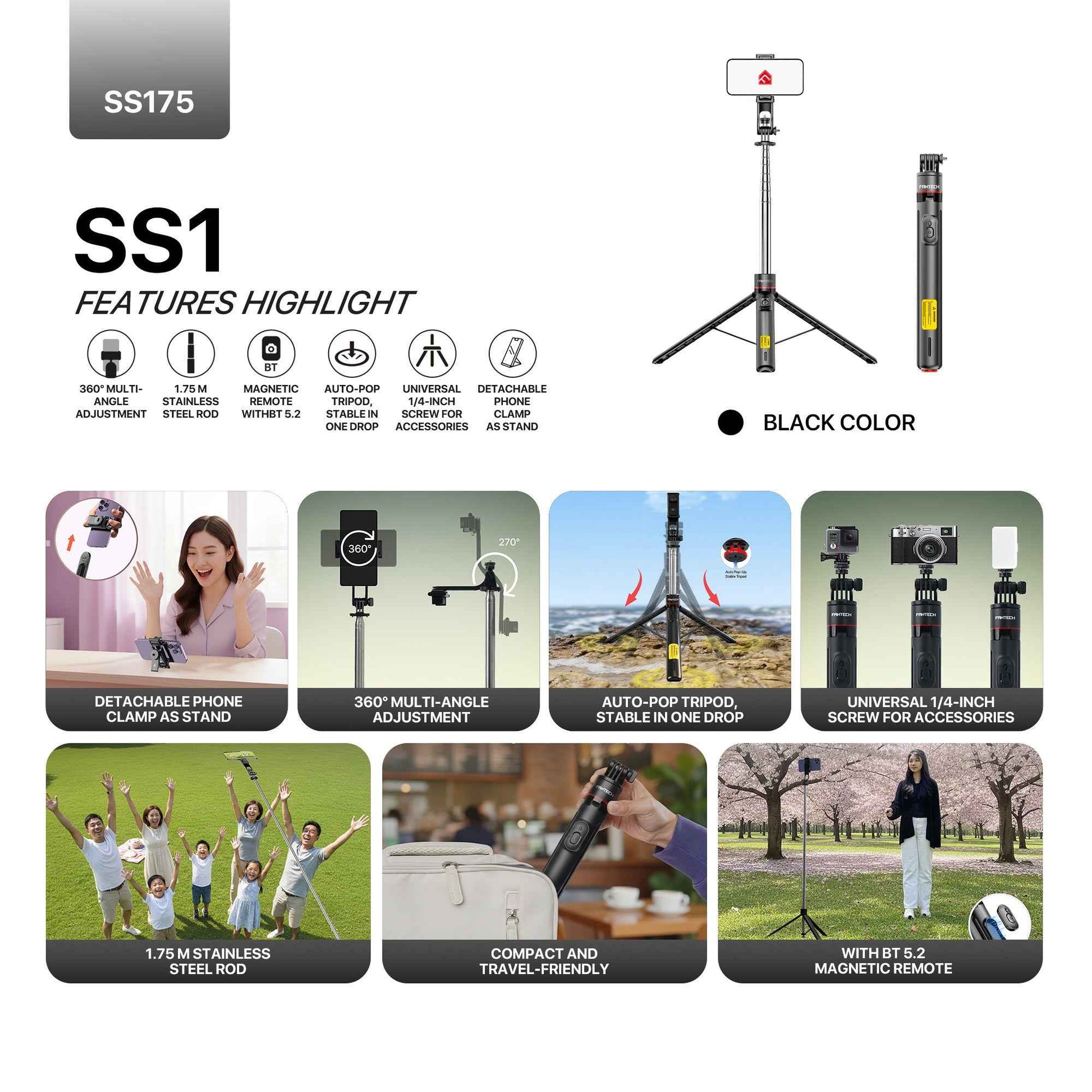 Fantech SS175 Selfie Stick Live Tripod Bluetooth Selfie 1.75m Stainless Steel Fill Light Rotatable 360° For Phones SS175