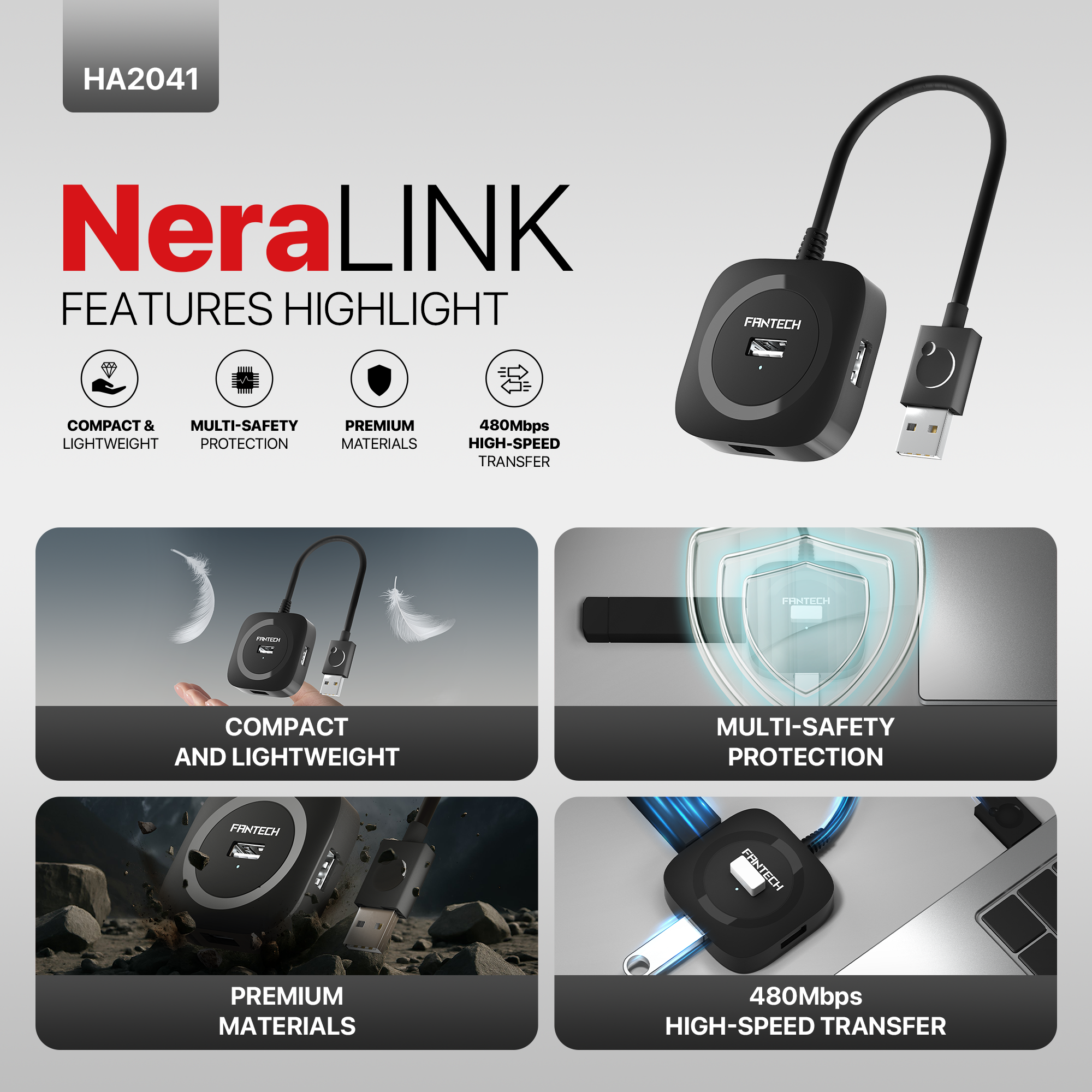 FANTECH USB Hub Fast Transfer HA2041 PORTS 2.0 High Speeds 480Mbps USB Hub Multi-Safety Protection