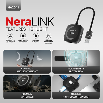 FANTECH USB Hub Fast Transfer HA2041 PORTS 2.0 High Speeds 480Mbps USB Hub Multi-Safety Protection