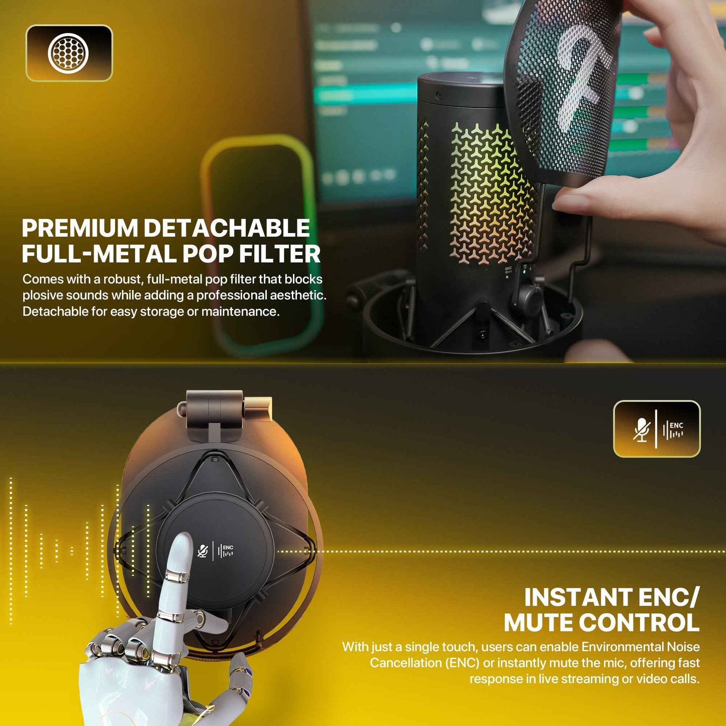 FANTECH WFM1 Condenser Microphone Wireless 2.4GHz Stand Cardioid with Pop Filter & RGB Podcaster Vokalis Gamer Streamer