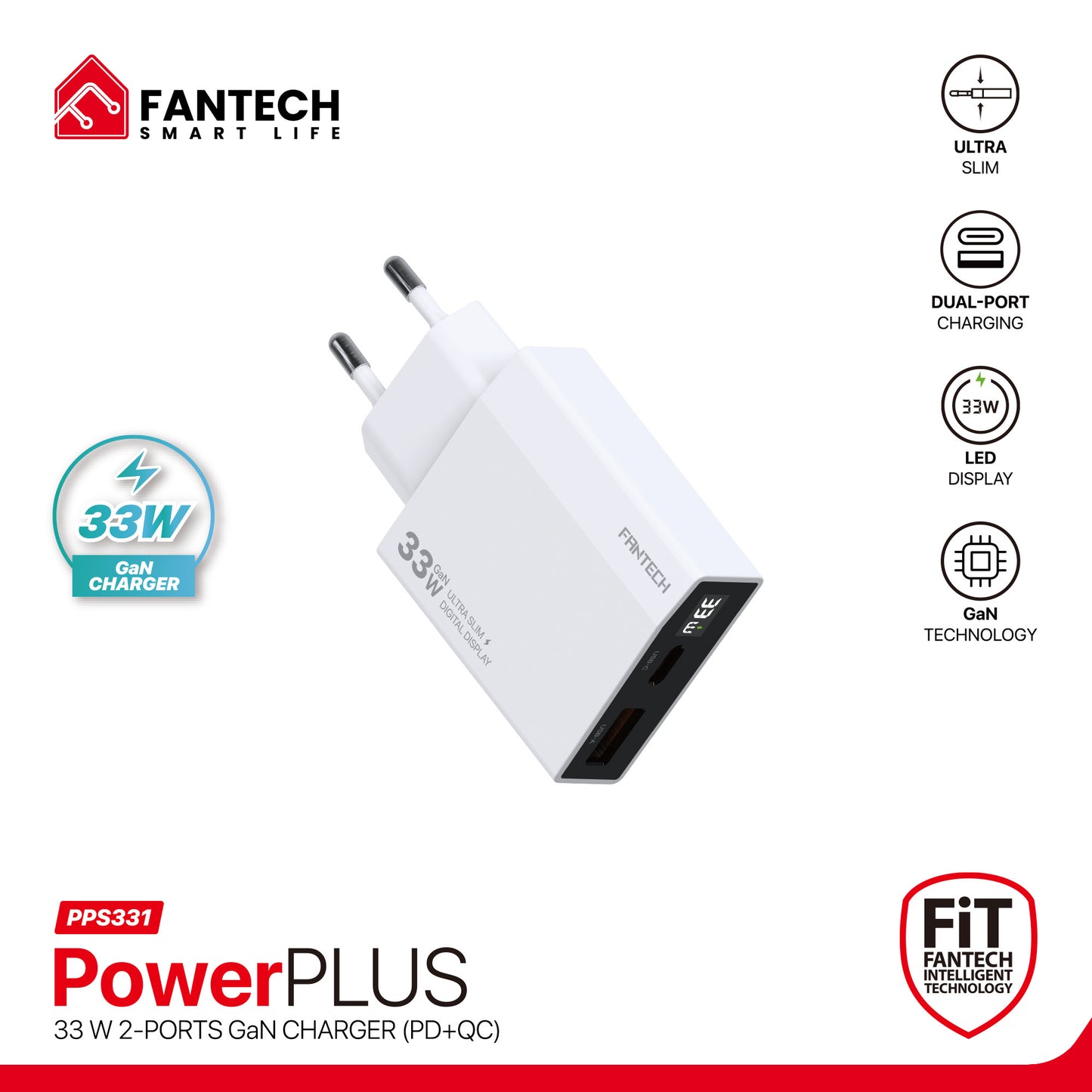 Fantech PowerPLUS PPS331 33W 2-Ports GaN Charger (PD+QC)